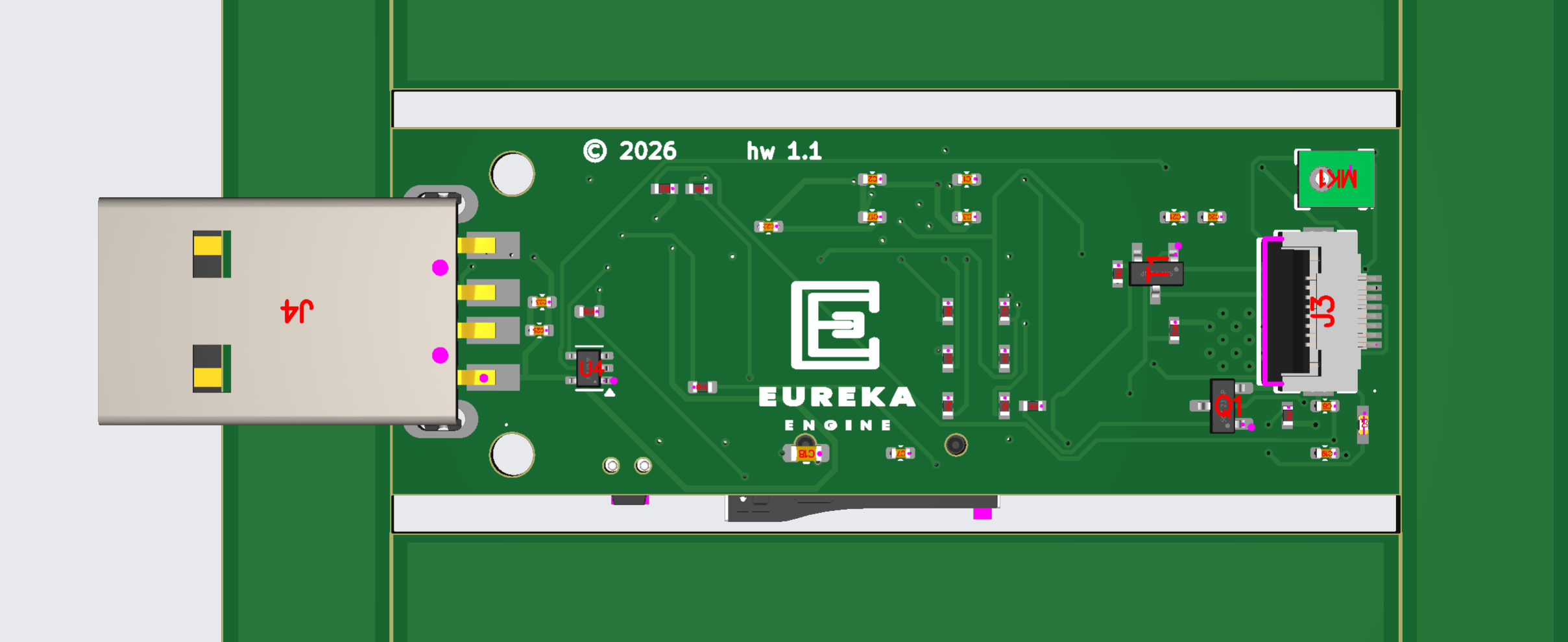 Factory review rendering of the USB Army Knife PCB with polarity and placement markers around components