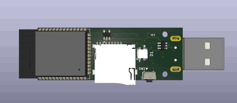KiCad 3D rendering of the USB Army Knife PCB with processor module, microSD slot, controls and USB connector