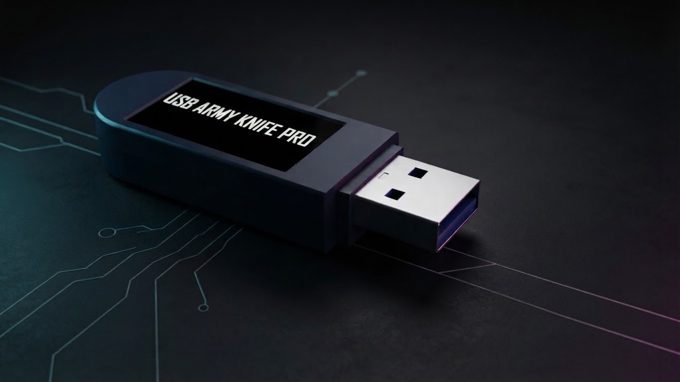 USB Army Knife PRO — the discreet USB flash-drive-shaped pen-testing device with a built-in status screen, for cybersecurity professionals and penetration testers